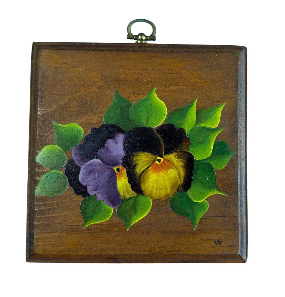 Hand Painted Flowers Pansies on Wood Plaque Ready to Hang Purple Yellow
